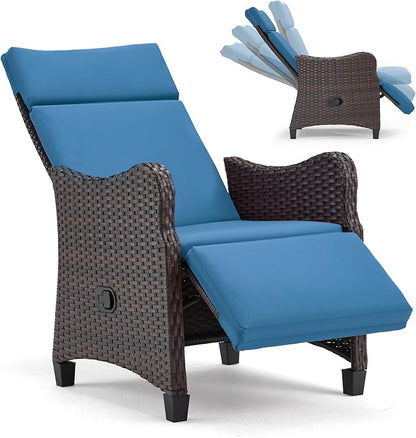 HOMREST Outdoor Recliner Chair with Flip-up Table Set of 2, Rattan Armchair with 150°Adjustable Backrest, Wicker Lounge Chair with Integrated Footstool and Removable Cushion for Gardens, Navy Blue