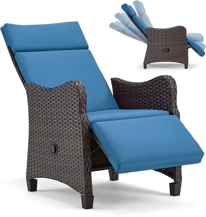 HOMREST Outdoor Recliner Chair with Flip-up Table, Wicker Reclining Chair with 150° Adjustable Backrest, Rattan Armchair with Integrated Footstool & Removable Cushion for Gardens, Navy Blue