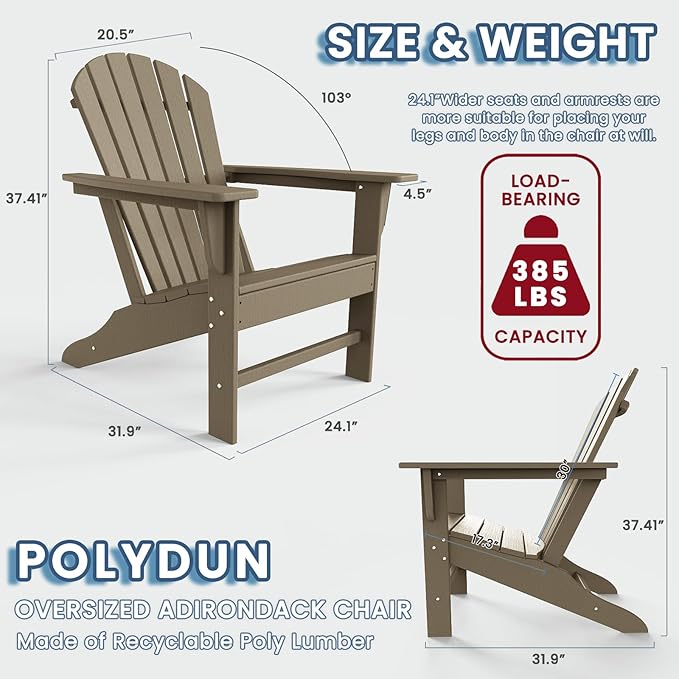 Farmhouse Adirondack Chair Set of 2, Poly Lumber Patio Chairs, Pre-Assembled Weather Resistant Outdoor Chairs for Pool, Deck, Backyard, Garden, Fire Pit Seating, Weather Wood