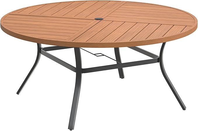 DIFY 59.8" Round Outdoor Patio Dining Table for 8-10, All-Weather Metal Steel Slatted Patio Table with 1.57" Adjustable Umbrella Hole for Garden, Backyard, Deck, Walnut