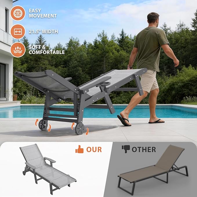 Outdoor Chaise Lounge Chair with Textilene Surface, 5-Position Adjustable Pool Lounge Chair with Wheels & Cup Holder - Photo 4