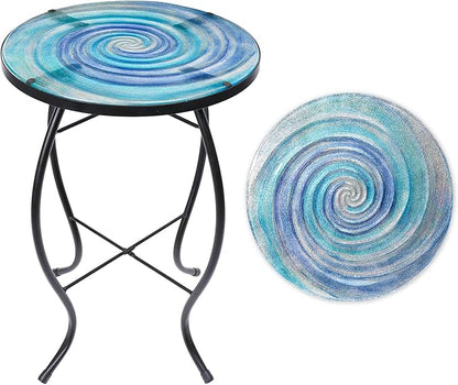 VCUTEKA Patio Side Table Outdoor Accent Table Small Mosaic Table Coffee Table End Tables Porch Indoor Outdoor Round Glass Balcony Bistro Blue Purple Gradient Starry Vortex