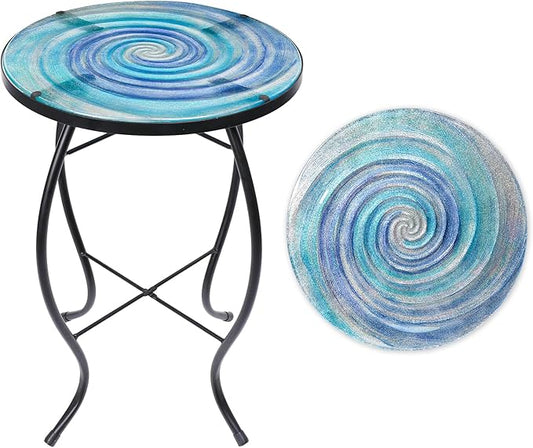 VCUTEKA Patio Side Table Outdoor Accent Table Small Mosaic Table Coffee Table End Tables Porch Indoor Outdoor Round Glass Balcony Bistro Blue Purple Gradient Starry Vortex