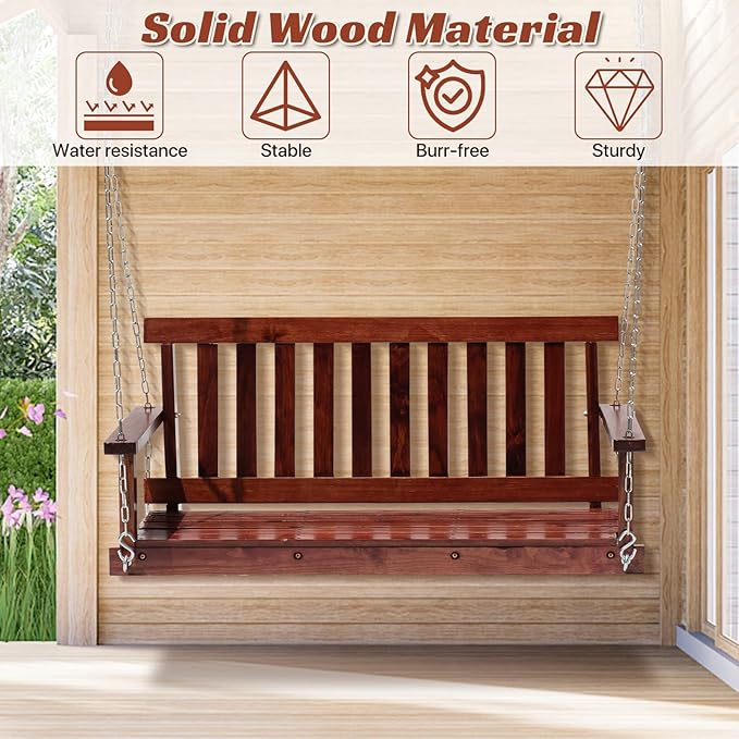 Wooden Porch Swings Outdoor Bench Swing 48inch, 2 Person Seating Hanging Porch Swing Solid Wood Patio Bench for Garden - Photo 4