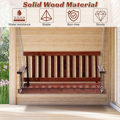 Wooden Porch Swings Outdoor Bench Swing 48inch, 2 Person Seating Hanging Porch Swing Solid Wood Patio Bench for Garden,Yard,Patio,Corrosion Resistant, Heavy Duty 800lb Weight for Adult (Brown)