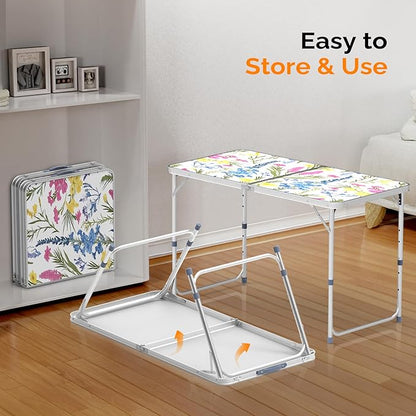 VINGLI 4FT White Folding Table with Carrying Handle Height Adjustable Lightweight Fold Up Portable for Indoor Outdoor Picnic,Camping,Hiking,Fishing,BBQ …