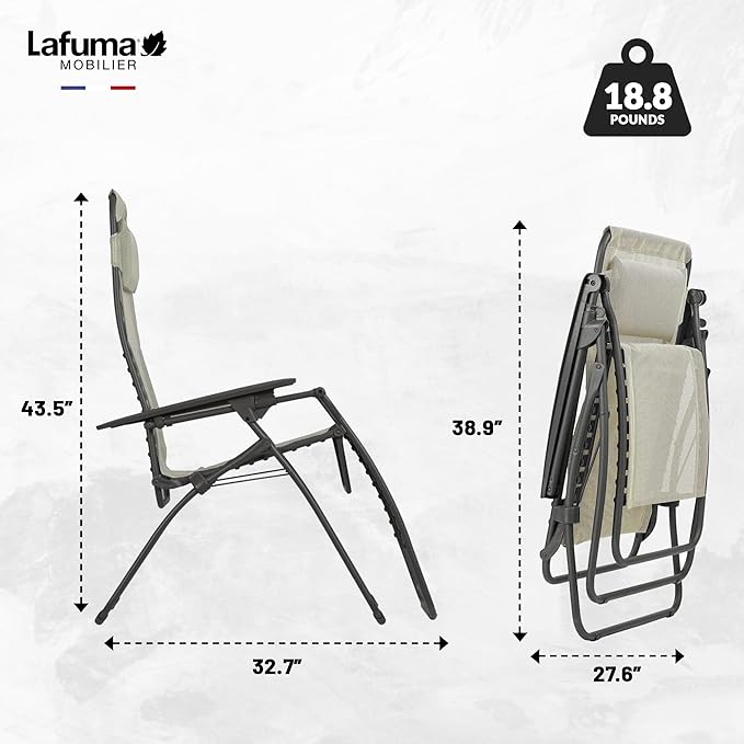 Lafuma R-Clip Batyline Relaxation Patio and Poolside Zero Gravity Outdoor Lounge Recliner Chair with Adjustable and Removable Headrest, Seigle