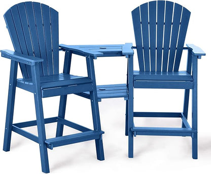 Tall Adirondack Chairs Set of 2, HDPE Balcony Chair with Double Connecting Tray, Weather Resistant Outdoor Adirondack Bar Stools for Patio, Deck, Patio, Backyard, Balcony.(Navy Blue)