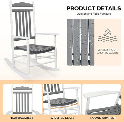 VINGLI Wooden Rocking Chair Outdoor, Patio Rockers with High Back, Support 450 LBS Rocking Chairs, for Porch, Patio, Balcony, Garden, Yard (White&Grey, 1 PC)
