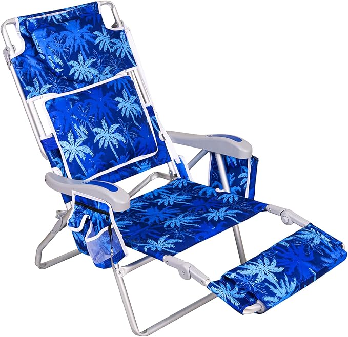 Romswi 3 in 1 Beach Chair with Face Hole, Reclining Sun Tanning Lounge Chair with Foot Rest, Cooler Bag & Cup Holder for Outdoor,Royal Blue with Palm Tree Print