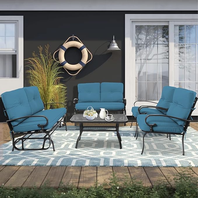 5Pcs Patio Conversation Set Outdoor Wrought Iron Furniture Set with 1 Glider, 1 Loveseat, 2 Single Chairs - Photo 6