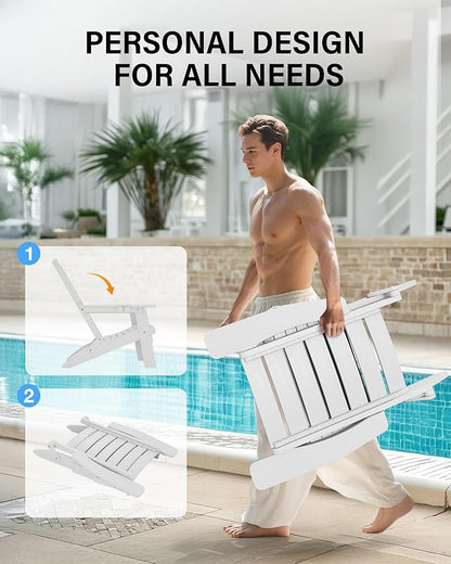 YEFU Adirondack Chair, Folding Adirondack Chairs Set of 2 with Arc Back & Cup Holder, Weather Resistant Plastic Oversized Chair for Outdoor Patio Lawn Garden Backyard Deck Fire Pit, White