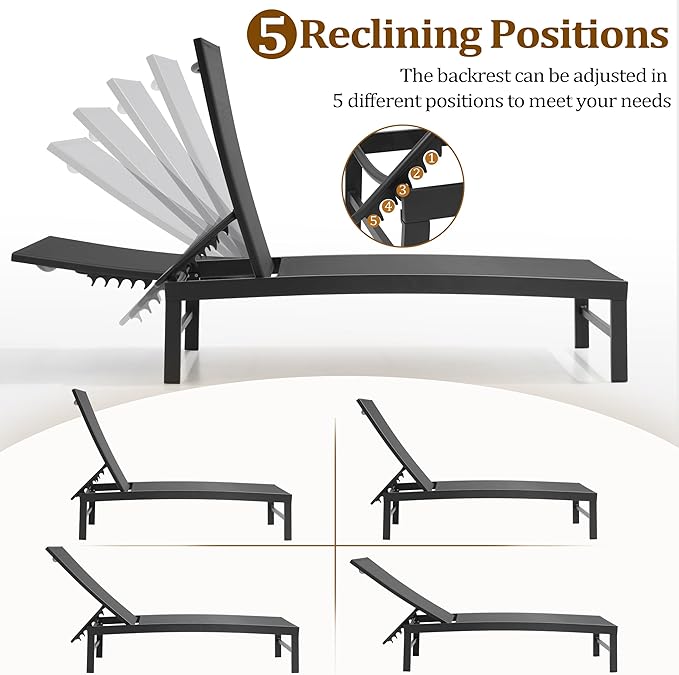 Patio Aluminum Chaise Lounge Chair, Outdoor Recliner Lounge Chair Sun Loungers, All Weather Chaise with 5 Adjustable Backrest and Lay Flat Positions for Garden, Balcony, Pool, Black