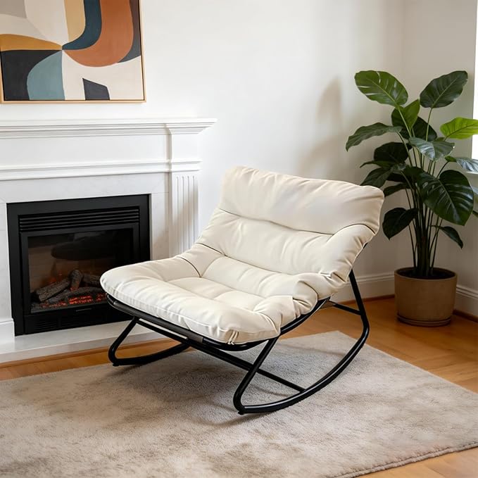 Oversized Papasan Rocking Chair with Cushion, 300 lbs Weight Capacity, Comfortable Indoor Outdoor Lounge Chair for Patio, Garden, Living Room & Bedroom–White