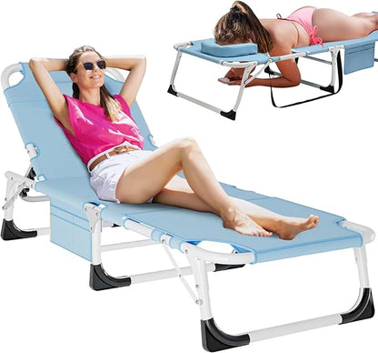 DoCred Heavy Duty XXL Tanning Chair with Face Hole&Mat, Oversized 5-Position Folding Chaise Lounge Chairs for Outside, Portable Beach Lounge Chair for Outdoor Sunbathing Beach Pool Lawn Camping