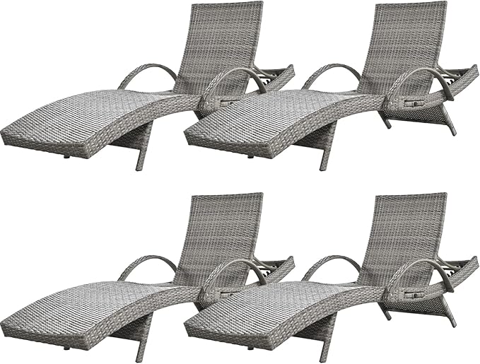 80'' Outdoor Wicker Chaise Lounge Chairs Set of 4, Patio Rattan Reclining Chair with Pull-Out Side Table - Photo 1