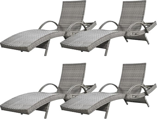 80'' Outdoor Wicker Chaise Lounge Chairs Set of 4, Patio Rattan Reclining Chair with Pull-Out Side Table, Adjustable Backrest for Beach, Poolside, Garden, Backyard, Grey