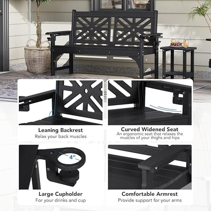 Oversized Outdoor Bench Set of 2, 51.5” HDPE Aesthetic Garden Bench with Cup Holders, Memorial Benches - Easy Assembly & All Weather, for Porch & Patio, 800lbs Load Capacity (Black)