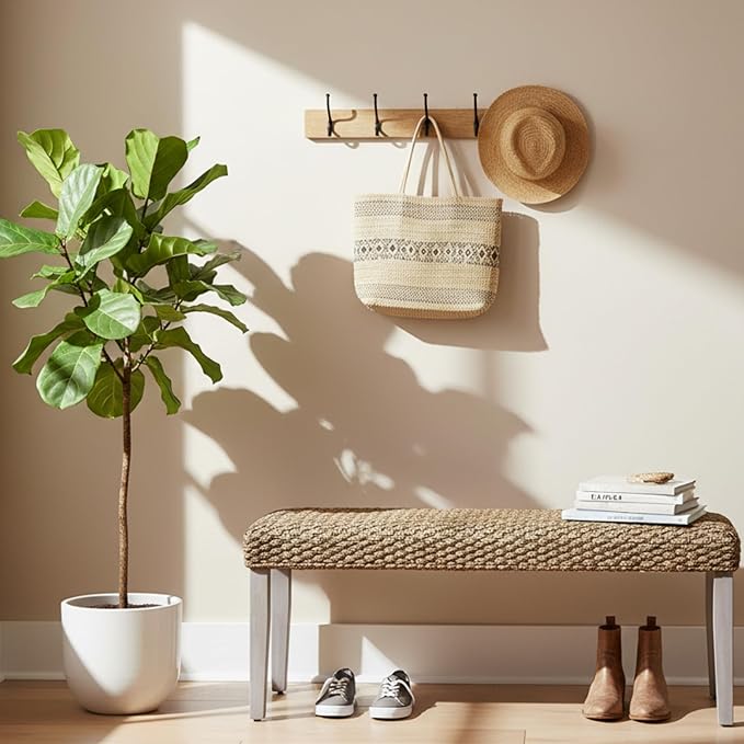 Solid Wood Acacia Indoor Bench with Natural Woven Seat, Wood Bench for Living Room or Entryway, Vintage Bench (Fishbone Style, Water Hyacinth) (Plait Style - Grey Leg, Water Hyacinth)