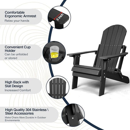 Folding Adirondack Chair, All Weather Resistant Plastic Chairs with Cup Holder, Fold or Unfold Easily in 1 Second, Outdoor Chairs for Patio, Garden, Backyard Deck, Lawn Fire Pit(Black)