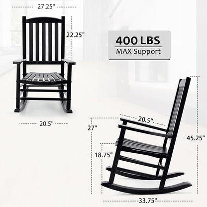 Wooden Rocking Chair Outdoor Oversized Porch Rocker Chair,Patio Wooden Rocker with High Back and Armrest,All Weather Rocker Slatted for Backyard,Garden,400 lbs Support,Black
