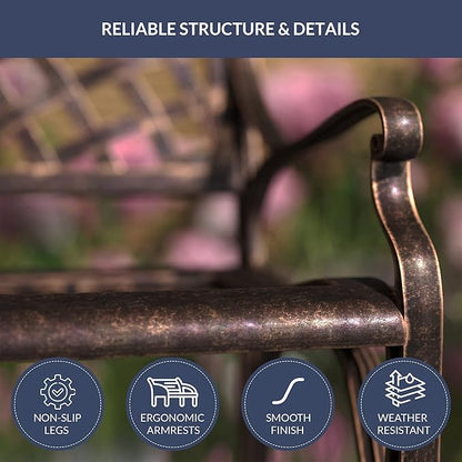 BELLEZE Patio Outdoor Garden Bench, 40 inch Cast Aluminum Loveseat Chairs with Armrests for Park, Yard, Porch, Lawn, Balcony, Backyard, Antique Seat Furniture, Bronze