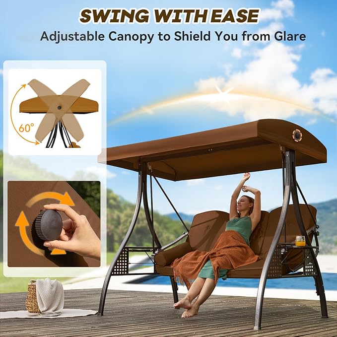 3 in 1 Outdoor Porch Swing with Adjustable Canopy, 3 Seat Outdoor Swing for Adults - Photo 4