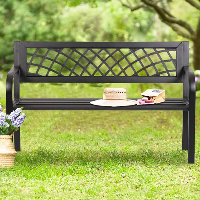 Garden Bench Outdoor Bench Patio Bench for Metal Bench Park Bench with Armrests Sturdy Steel Frame Furniture w/PVC Mesh Pattern 400LBS Weight Capacity for Porch, Backyard,Lawn,Pool, Deck,Black