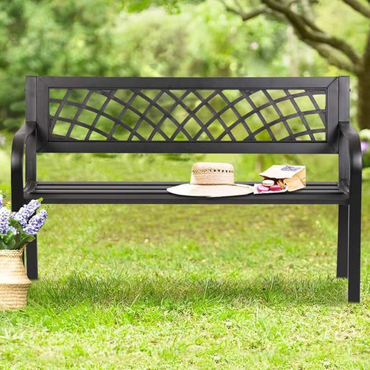 Garden Bench Outdoor Bench Patio Bench for Metal Bench Park Bench with Armrests Sturdy Steel Frame Furniture w/PVC Mesh Pattern 400LBS Weight Capacity for Porch, Backyard,Lawn,Pool, Deck,Black