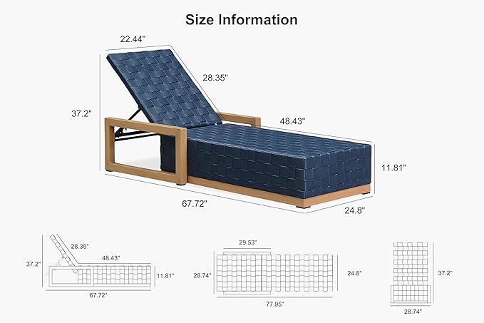PURPLE LEAF Outdoor Chaise Lounge Set of 2, PU Leather Patio Lounge Chair Aluminum Pool Lounge Chairs with 5-Position Adjustable Backrest for Pool, Deck, Garden, Sunbathing, Navy Blue