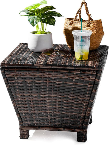 Outdoor PE Wicker Side Table with Storage, Small Patio Storage Bin Container for Hose Cushion Towel