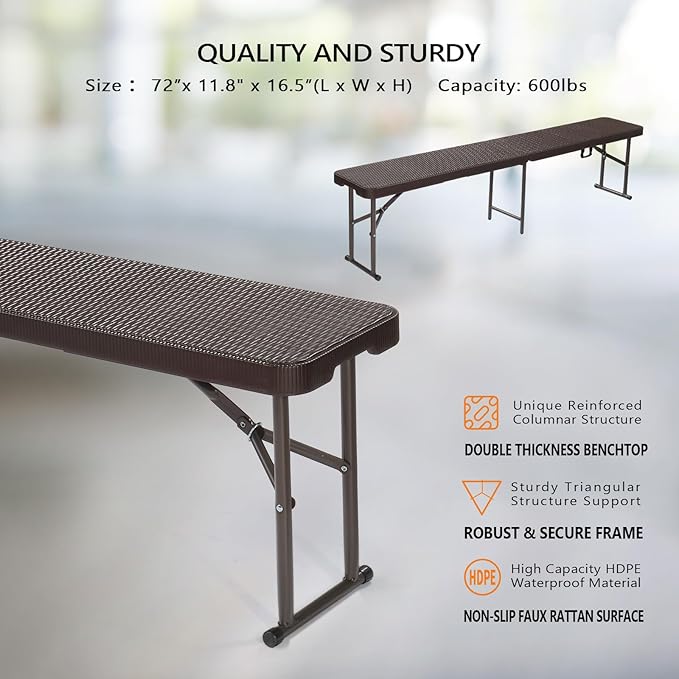 VINGLI 6 feet Plastic Folding Bench,Portable in/Outdoor Picnic Party Camping Dining Seat, Garden Soccer Multipurpose Entertaining Activities, Smooth HDPE Tabletop (2, Brown, 6ft)