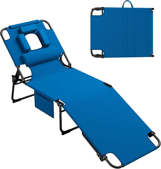 400lbs Tanning Chair, 5-Fold Beach Lounge Chair with Face Hole & 2 Side Pockets, Non-Slip Foot & Portable Handle, Beach Chaise Lounge for Patio/Pool/Lawn(1, Blue)