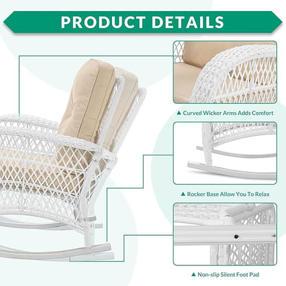 VIVIJASON 2 Piece Patio Wicker Rattan Rocker Chair, Outdoor Rattan Rocker Chair with Cushions & Steel Frame, All-Weather Rocking Lawn Wicker Furniture for Garden Backyard Porch (White Wicker/Beige)