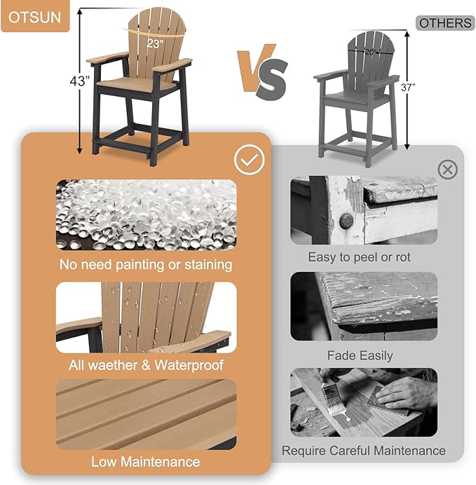 OTSUN Tall Modern Adirondack Chairs Set of 6, All Weather HDPE Bar Height Adirondack Stools Widened Durable Design for Porch Patio Yard Lawn Fire Pit Bistro Basement Indoors & Outdoors