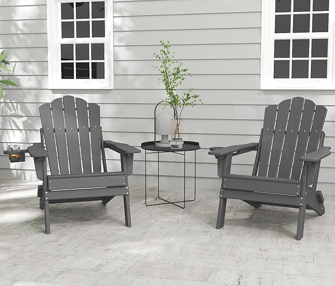 FOOWIN HDPE Adjustable Adirondack Chair Set of 6, 400lbs Heavy Duty Folding Patio Chairs with Cup Holder, 3-Position Reclining Fire Pit Seating, All-Weather Poly Lumber for Backyard, Deck - Grey