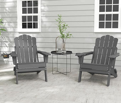FOOWIN HDPE Adjustable Adirondack Chair Set of 4, 400lbs Heavy Duty Folding Patio Chairs with Cup Holder, 3-Position Reclining Fire Pit Seating, All-Weather Poly Lumber for Backyard, Deck - Grey