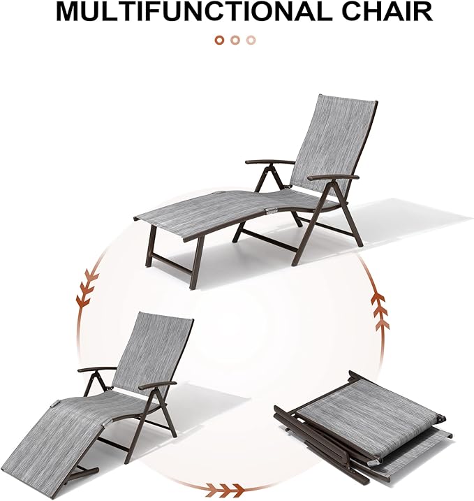 Crestlive Products Chaise Lounge Chair Outdoor Set of 2, Aluminum Folding Patio Recliner Chair, Adjustable 8 Positions Assemble-Free Perfect for Beach, Yard, Pool, Deck