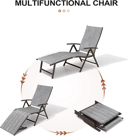 Crestlive Products Chaise Lounge Chair Outdoor Set of 2, Aluminum Folding Patio Recliner Chair, Adjustable 8 Positions Assemble-Free Perfect for Beach, Yard, Pool, Deck