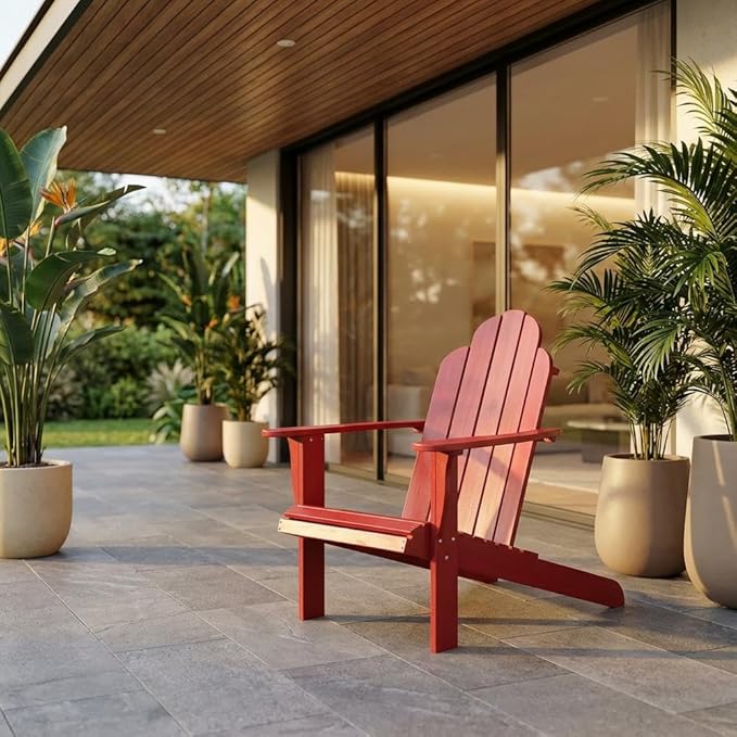 Red Adirondack Chair with Solid Acacia Wood, Durable Finish, Comfortable Design, Suitable for Outdoor Living Spaces