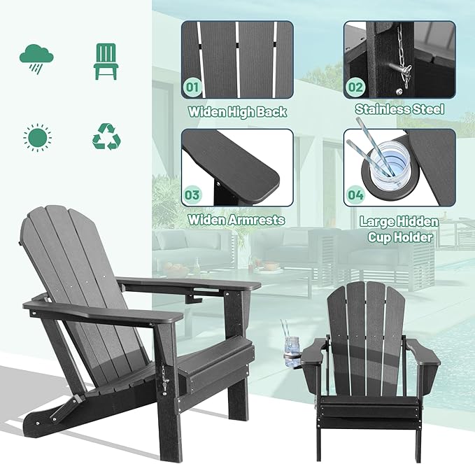 Adirondack Chairs Set of 2, Plastic Adirondack Chair, Adirondack Chairs, HDPE Adirondack Chair, Folding Adirondack Chairs, Outdoor Chairs with Cup Holder for Lawn Patio Deck Fire Pit -Grey