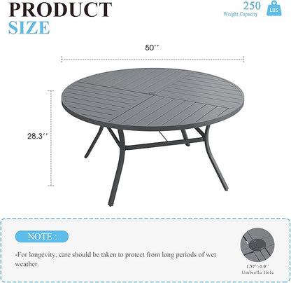VICLLAX 50" Round Patio Table with Umbrella Hole, All Weather Metal Outdoor Dining Table for 6, Outside Table with Storage Shelf for Lawn Garden, Grey