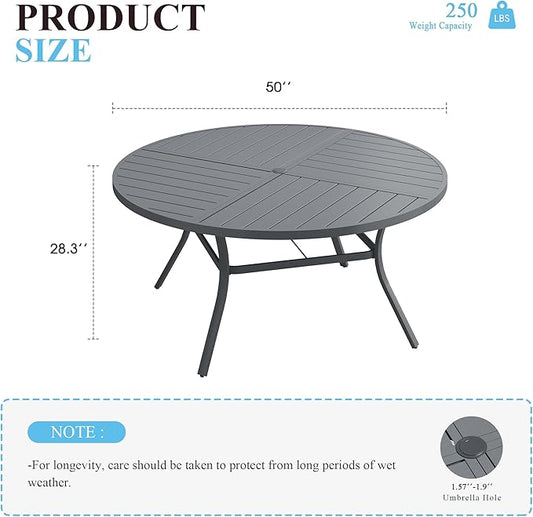 VICLLAX 50" Round Patio Table with Umbrella Hole, All Weather Metal Outdoor Dining Table for 6, Outside Table with Storage Shelf for Lawn Garden, Grey