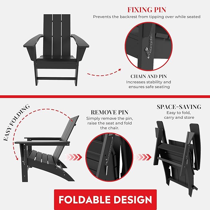 Costaelm Folding Adirondack Chairs, Outdoor Patio Adjustable Lawn Chairs, Weather Resistant Outside Firepit Chairs for Porch, Poolside, Garden, Backyard Deck, Gray