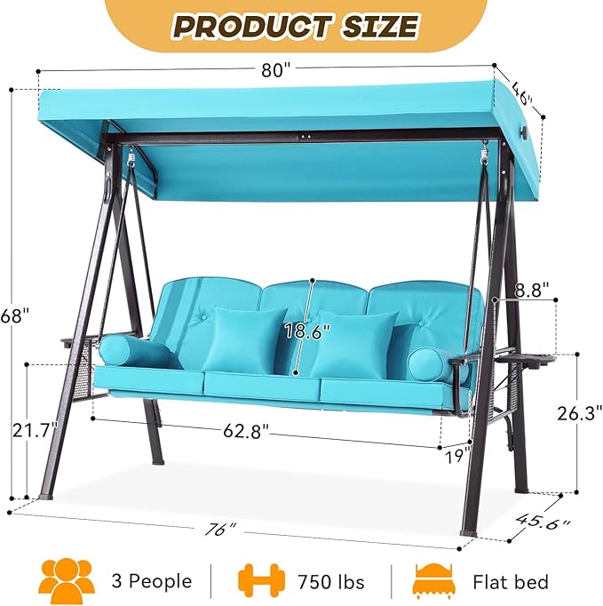 3 in 1 Outdoor Porch Swing with Adjustable Canopy, 3 Seat Outdoor Swing for Adults - Photo 8