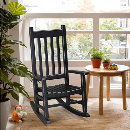 VINGLI Outdoor Child’s Rocking Chair, All Weather Wooden Rocking Chair with High Backrest, Patio Rocker for Garden, Yard, Balcony, Wooden Rocker for 3-9 Years Old, Black