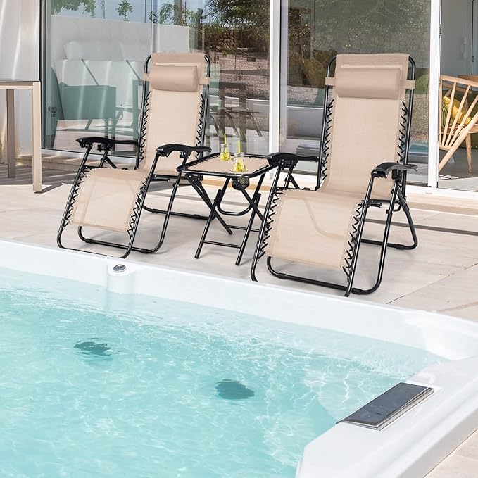 Goplus Zero Gravity Chair Set, 3 Pieces Outdoor Lounge Chair Recliners w/Side Table, Headrest and Cup Holders - Photo 2