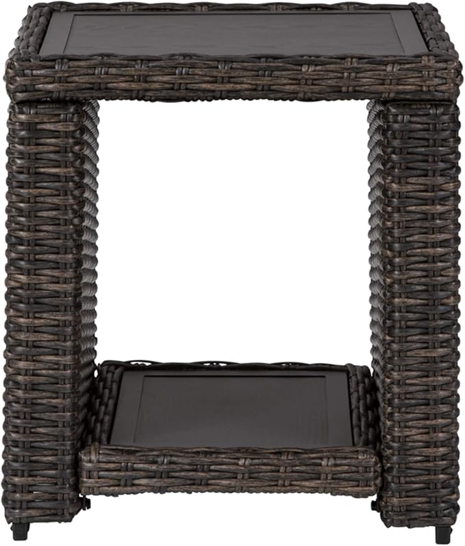 Signature Design by Ashley Grasson Lane Outdoor Rattan Square End Table with Storage, All-Weather Resin Wicker Handwoven Over Durable Aluminum Frame, Aluminum Tabletop and Shelf, 22.25" High, Brown