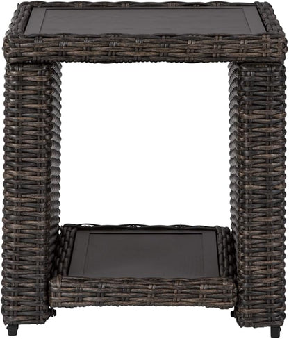 Signature Design by Ashley Grasson Lane Outdoor Rattan Square End Table with Storage, All-Weather Resin Wicker Handwoven Over Durable Aluminum Frame, Aluminum Tabletop and Shelf, 22.25" High, Brown