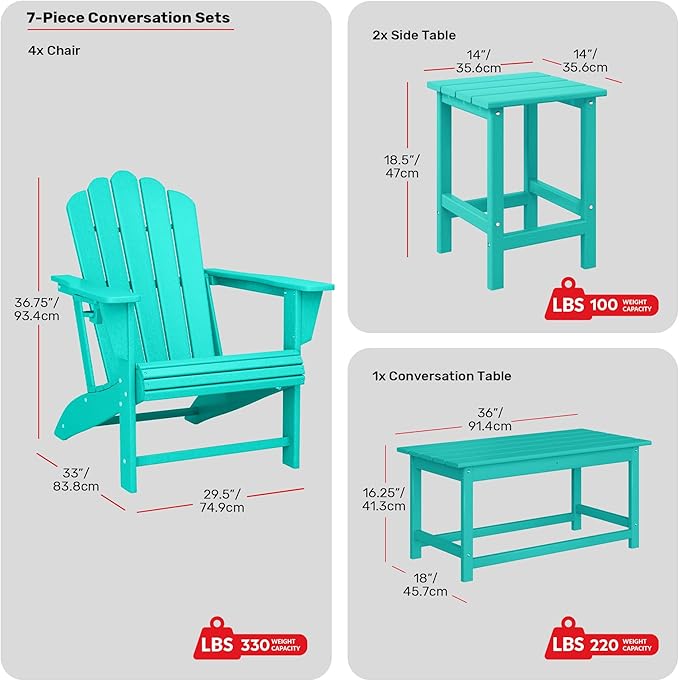Costaelm Lakeview 7-Piece HDPE Outdoor Patio Furniture Adirondack Conversation Set, Turquoise